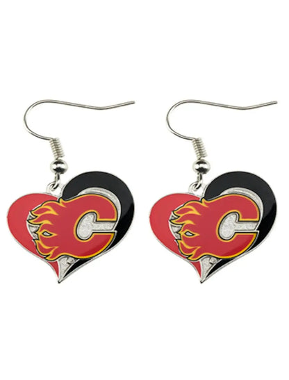 Heart earrings featuring Calgary Flames logo in swirl heart design