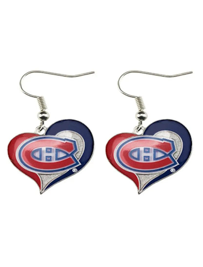 Heart earrings featuring Montreal Canadiens logo in swirl heart design