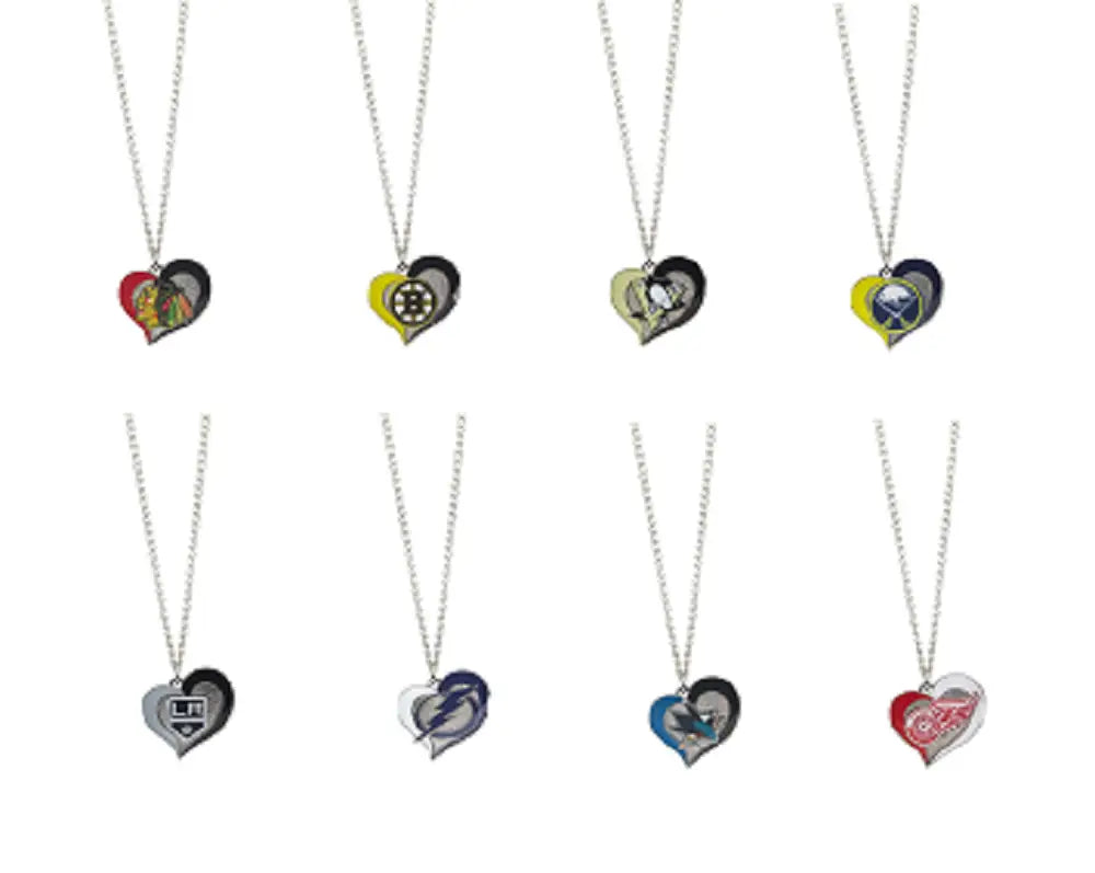 Heart shaped pendant necklaces in various designs for NHL teams with swirl heart styles