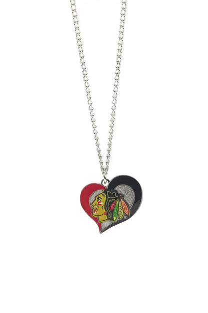 Heart shaped pendant necklace with Chicago Blackhawks logo in swirl heart design