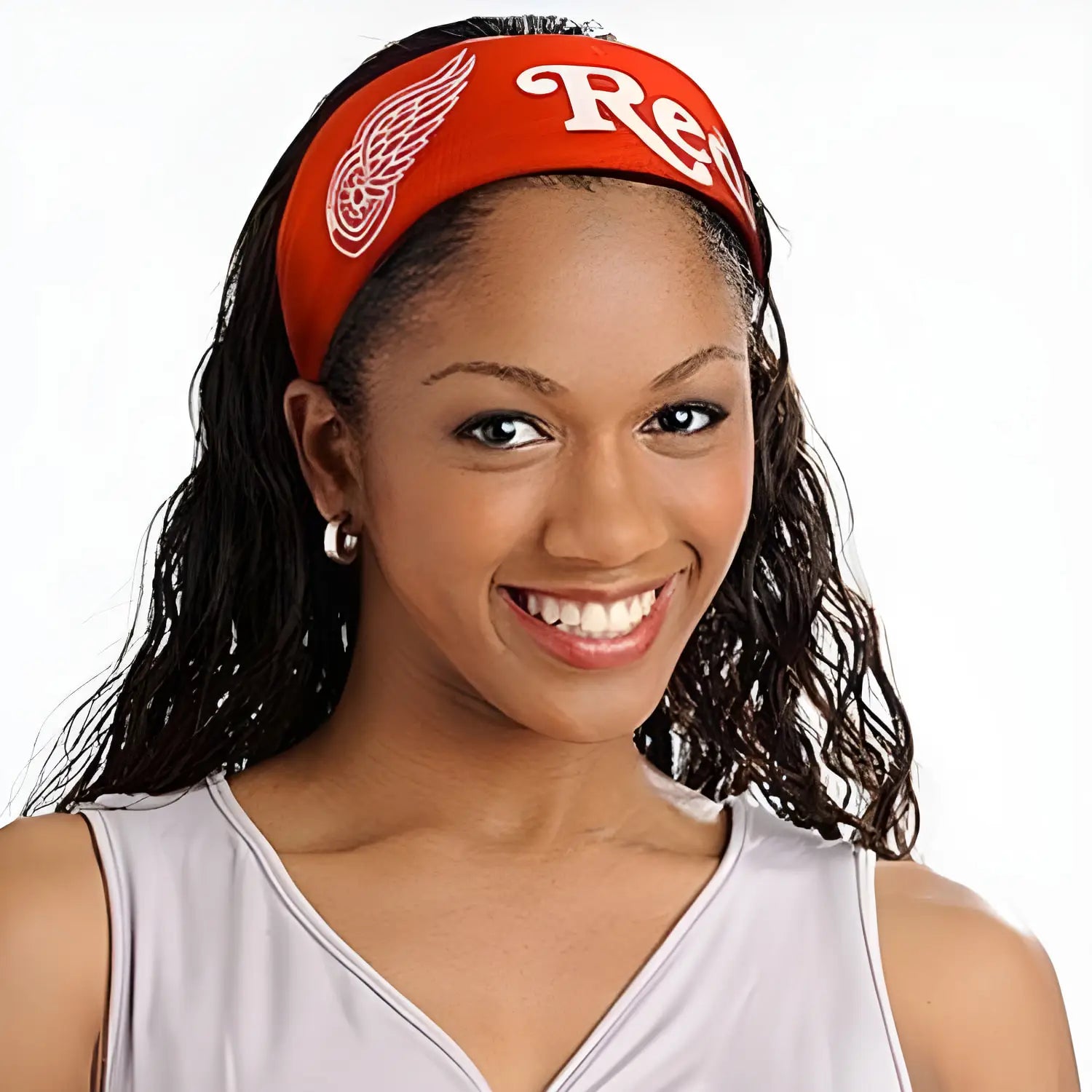 Smiling woman in a red Detroit Red Wings head band from NHL Jersey Fanbands collection