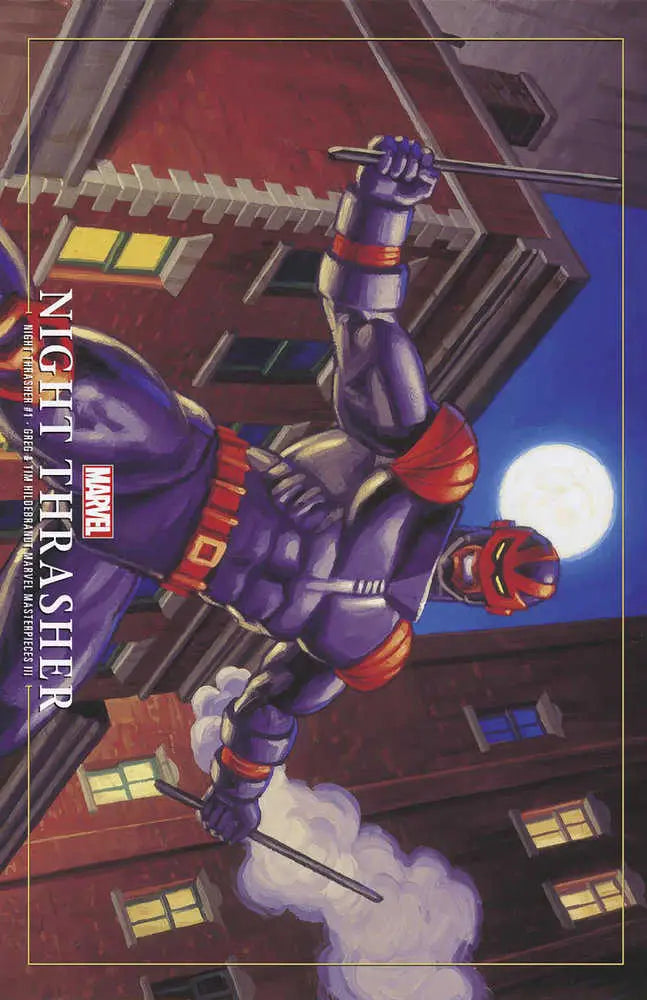 Purple-armored Night Thrasher superhero swinging from a rope against a night sky