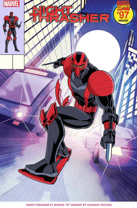 Night Thrasher in red and black armor crouching with weapons for trading cards collection