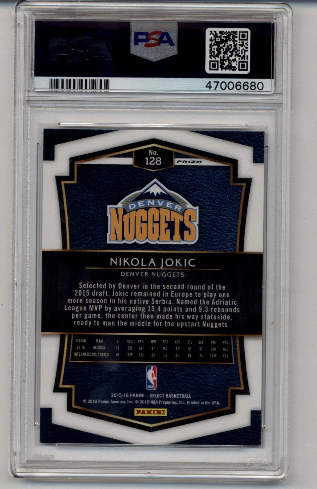 Nikola Jokic 2015-16 Select Tri-Color Prizm PSA 10 Gem Mint trading card in case