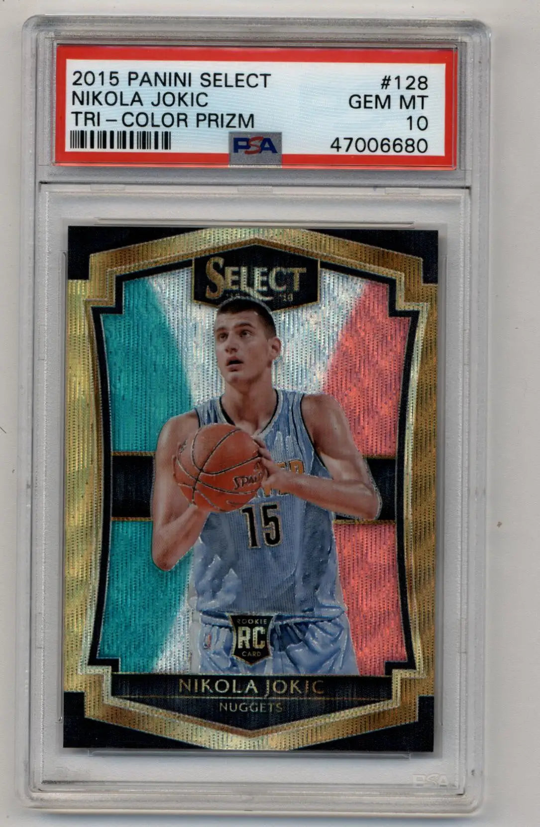 PSA-graded Nikola Jokic 2015-16 Select Tri-Color Prizm Gem Mint trading card in case