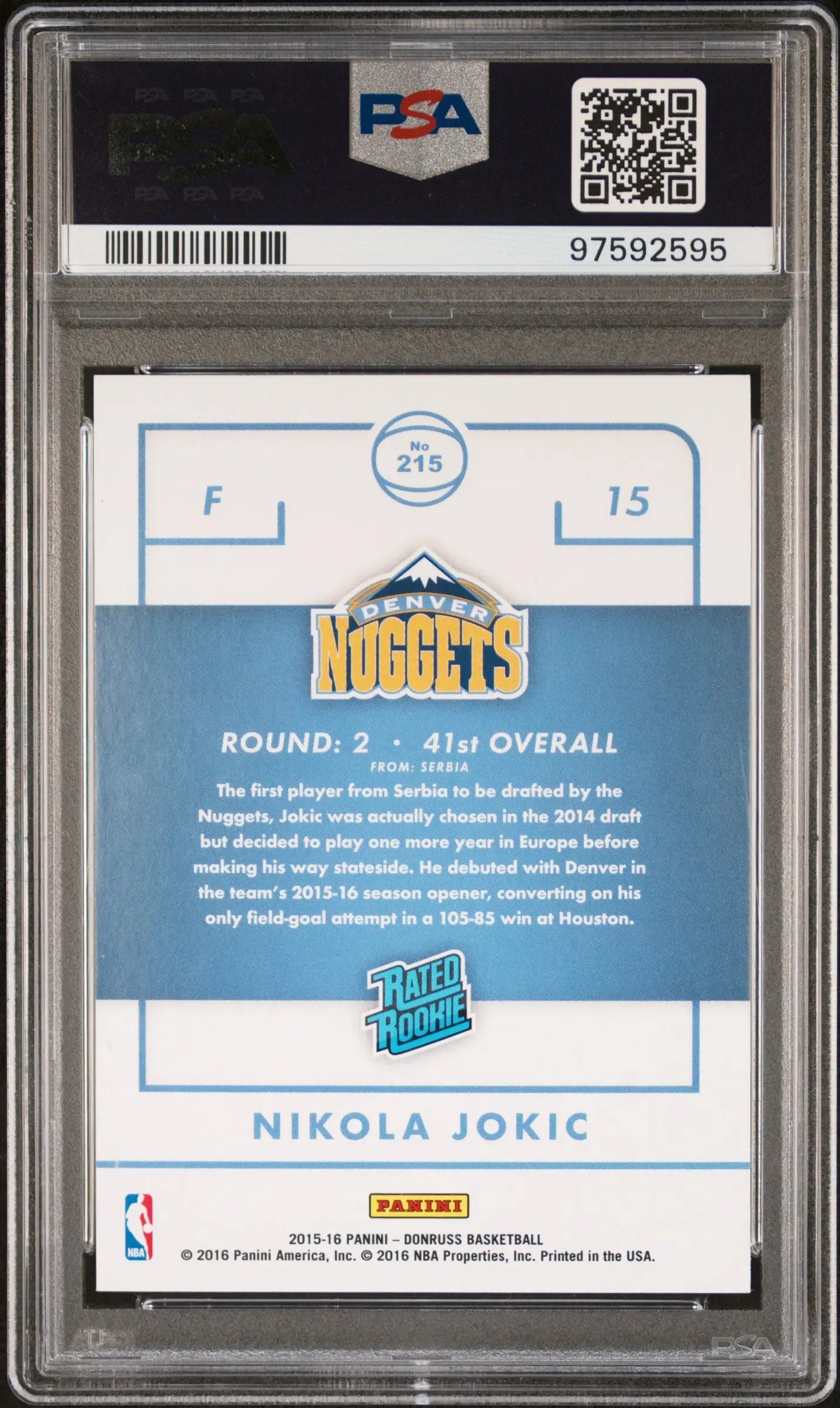 Nikola Jokic 2015 Donruss Rookie #215 PSA 9 Mint trading card from the Denver Nuggets