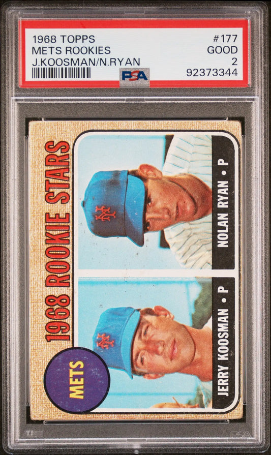 1969 Topps baseball card of Mets rookies in PSA case featuring Nolan Ryan trading cards