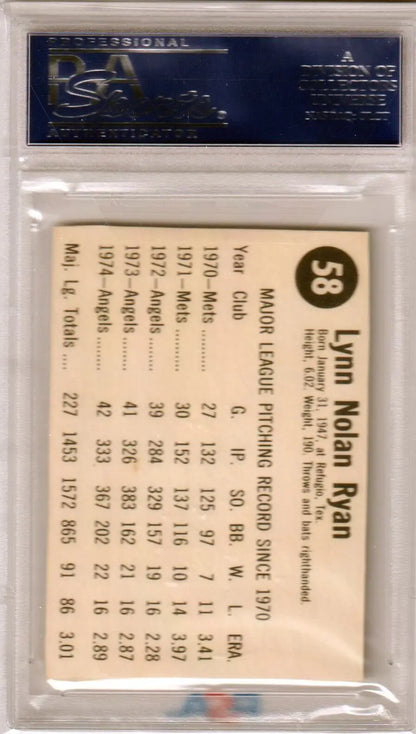 PSA-graded Nolan Ryan 1975 Hostess #58 baseball card with player stats from Columbia Hobby