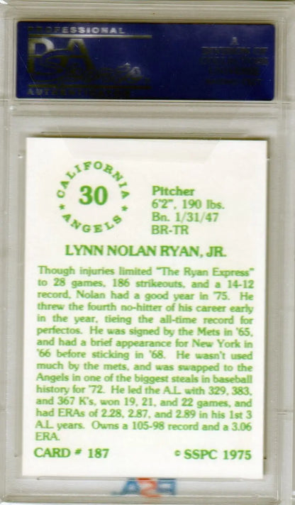 Nolan Ryan 1975 SSPS #187 PSA 10 GEM MINT baseball card from Columbia Hobby with free shipping