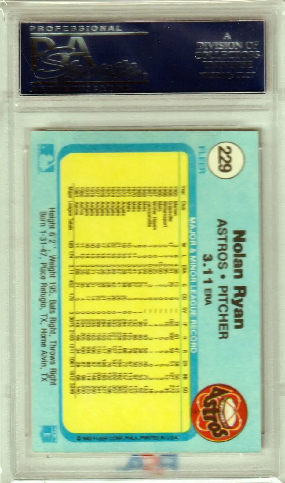 NOLAN RYAN 1982 Fleer #229 PSA NM-MT in protective case for single cards, Columbia Hobby