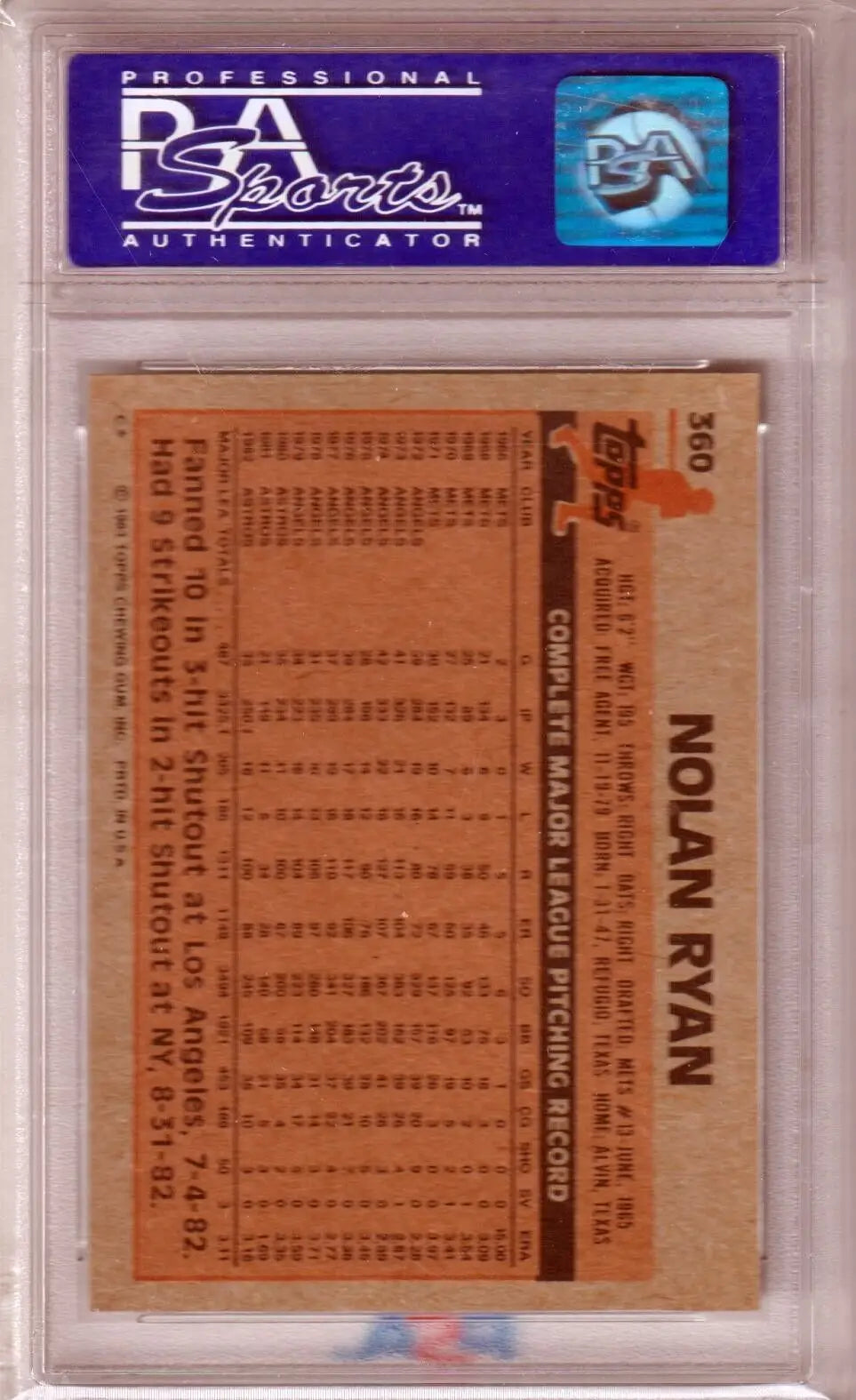 Vintage Nolan Ryan 1983 Topps #360 PSA 8 NM-MT card in holder from Columbia Hobby