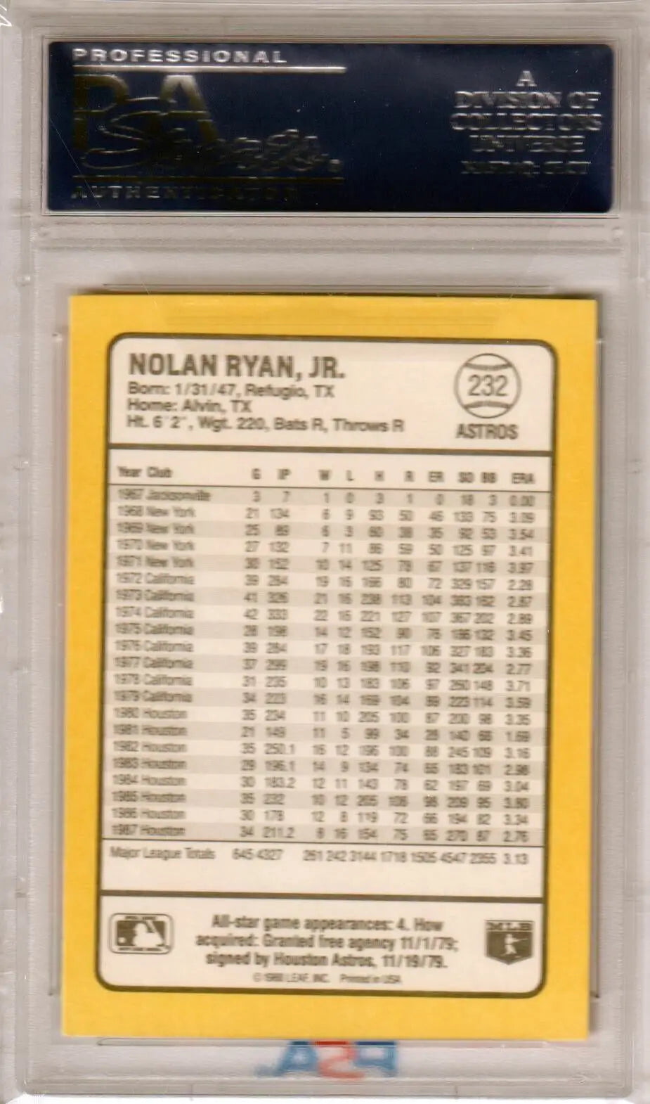 Nolan Ryan 1988 Donruss Baseball’s Best #232 PSA 10 in case, single cards from Columbia Hobby