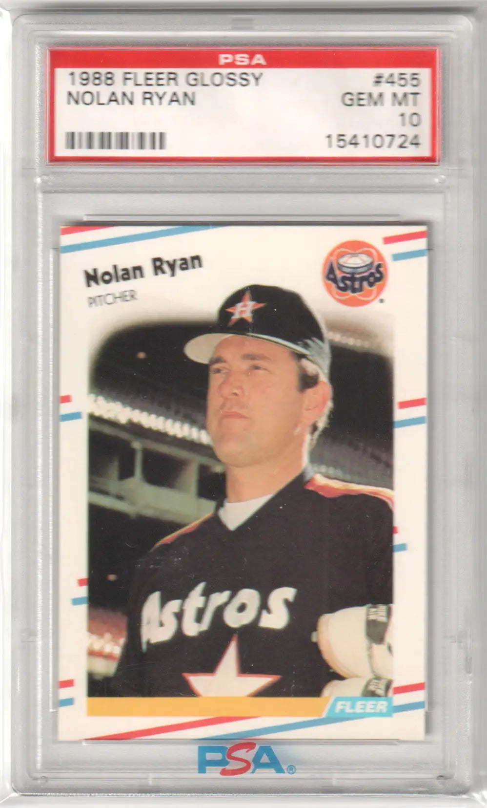 Graded Nolan Ryan 1988 Fleer Glossy #455 PSA 10 Gem Mint baseball card from Columbia Hobby