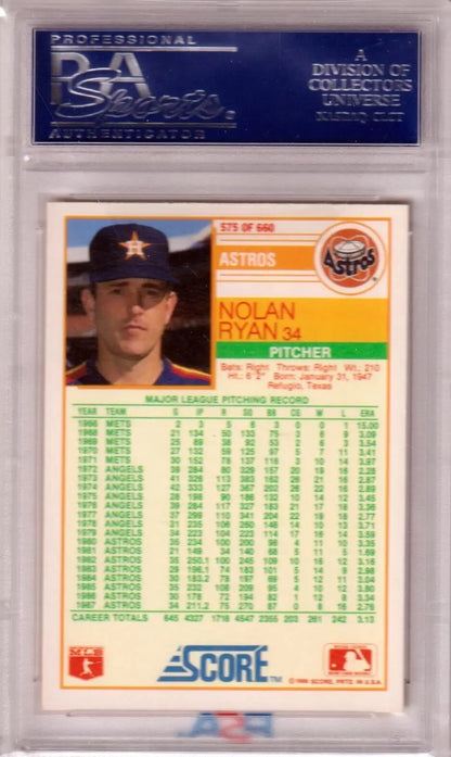 PSA-graded Nolan Ryan 1988 Score #575 GEM MINT baseball card from Columbia Hobby