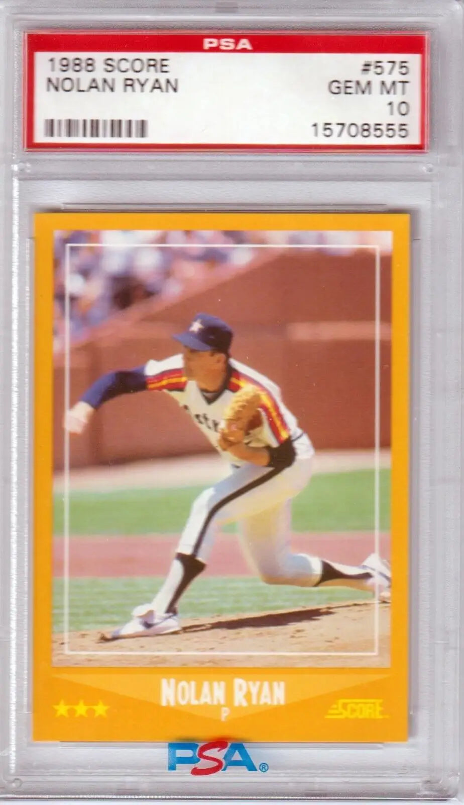 PSA-graded 1988 Score Nolan Ryan baseball card in yellow and brown uniform, box free shipping