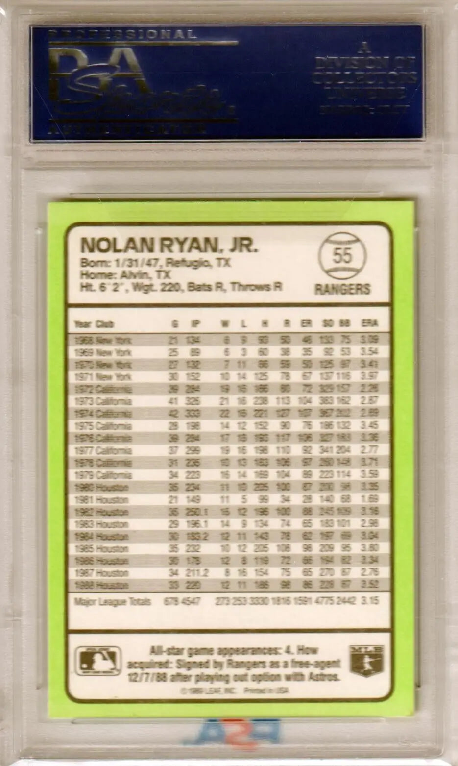 Nolan Ryan 1989 Donruss Baseball card in protective case, perfect for single cards collectors