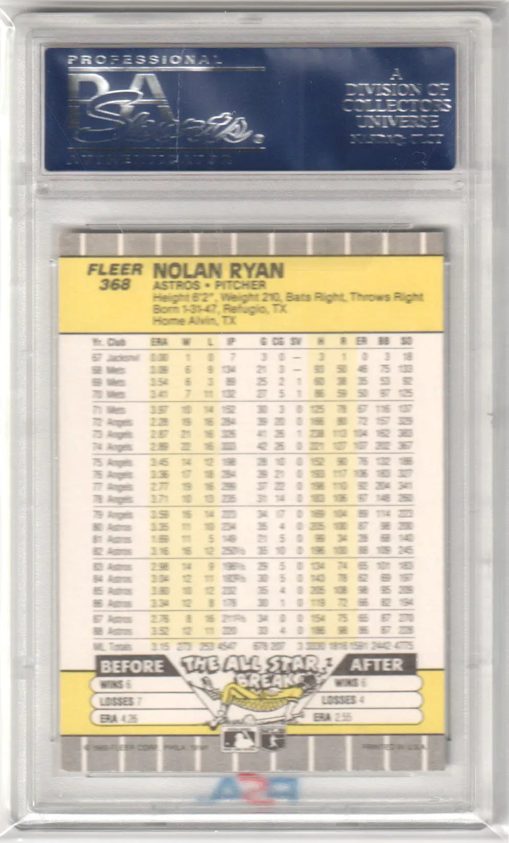 Graded Nolan Ryan 1989 Fleer #368 PSA 10 GEM MINT trading card from Columbia Hobby