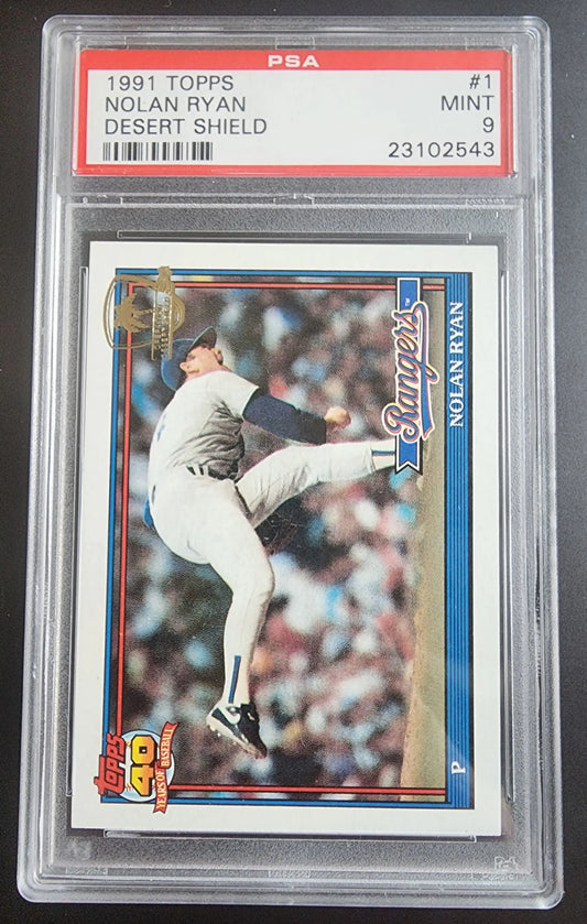 PSA-graded Nolan Ryan 1991 Topps Desert Shield baseball card featuring a pitcher