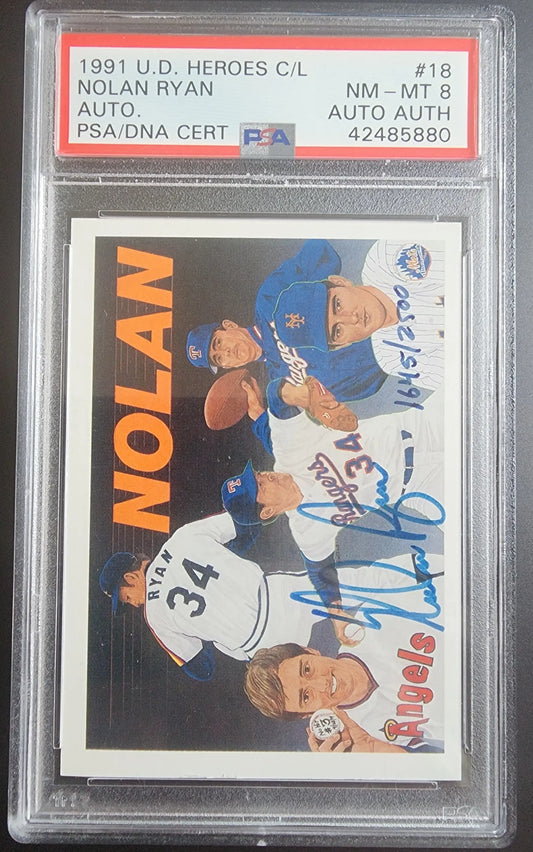 PSA/DNA certified Nolan Ryan 1991 Upper Deck Heroes Autograph card graded NM-MT 8