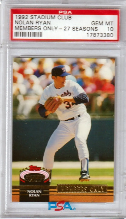 PSA-graded Nolan Ryan baseball card in white Texas Rangers uniform, box free shipping