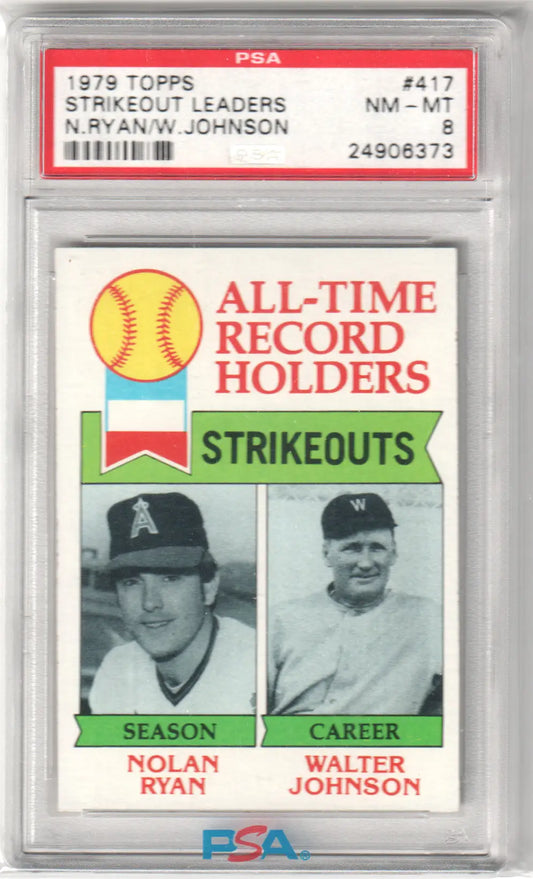 1978 Topps Baseball Card of Strikeout Leaders Nolan Ryan and Walter Johnson in PSA 8 holder