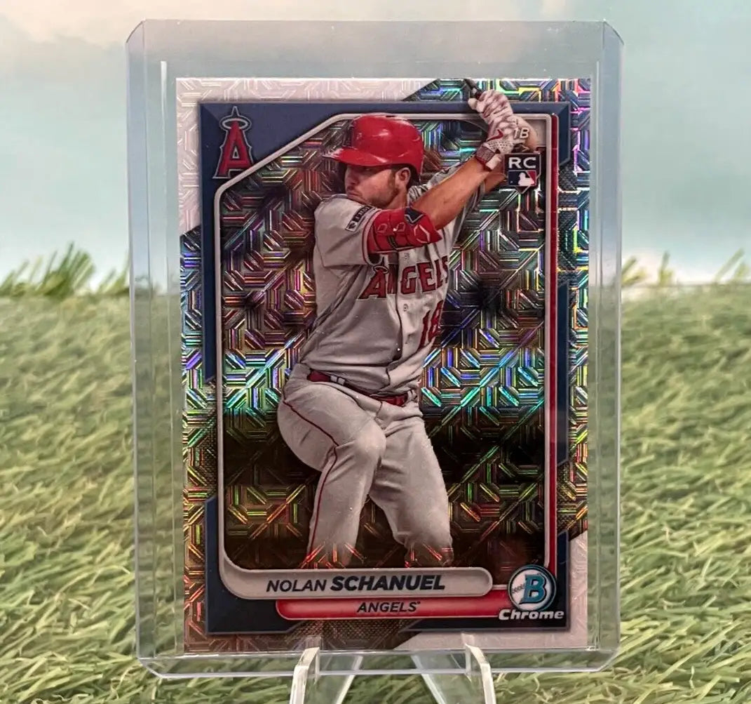 Nolan Schanuel baseball card featuring 2024 Bowman Chrome Mojo Refractor design