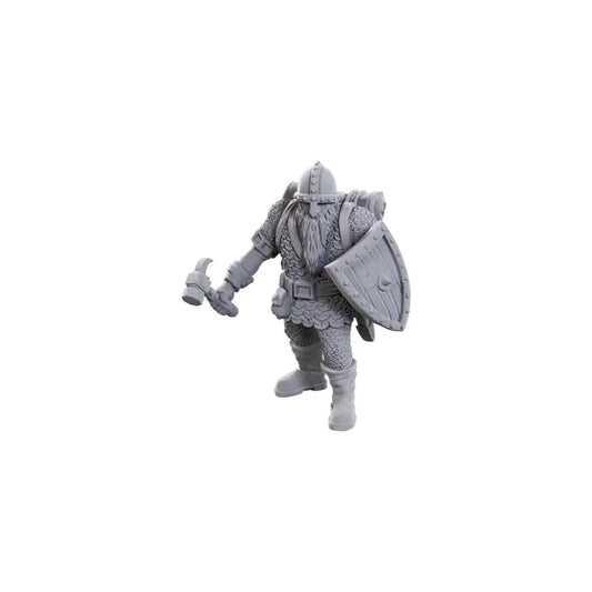 Gray warrior miniature with shield in combat stance for D&D 50th Anniversary collectors