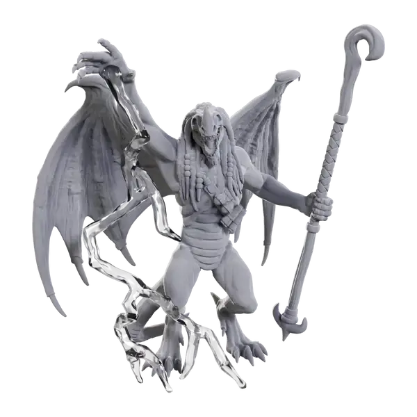 Winged reptilian humanoid with staff from Nolzur’s Marvelous Miniatures for Dungeons & Dragons