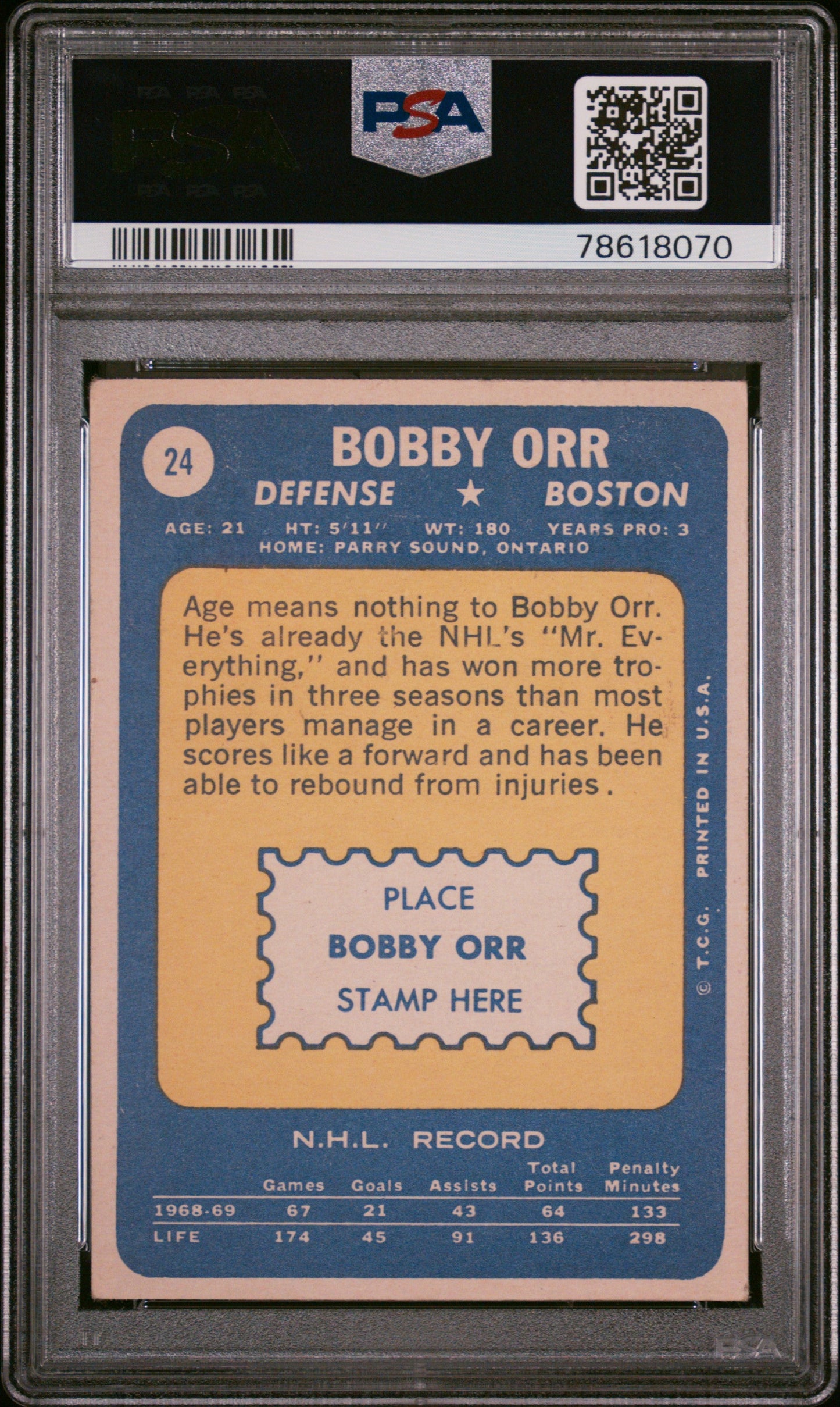 PSA-graded Bobby Orr 1969 Topps #24 vintage trading card from the Boston Bruins