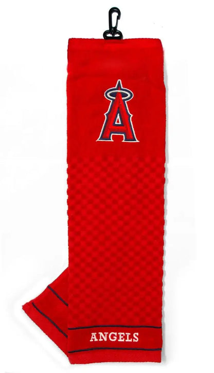 Red embroidered golf towel featuring Los Angeles Angels logo for MLB fans