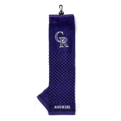 Purple embroidered golf towel featuring Colorado Rockies logo and team name