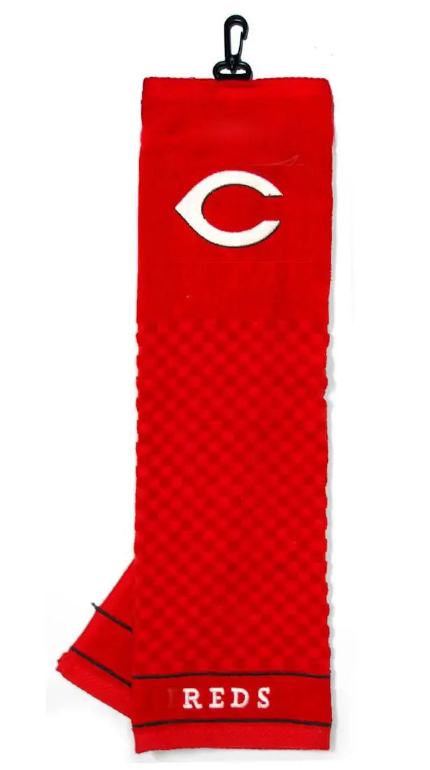 Red embroidered golf towel with Cincinnati Reds logo, perfect for MLB fans