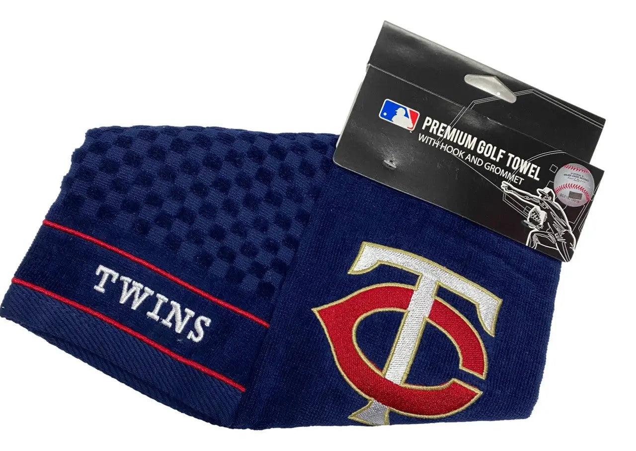 Navy blue embroidered golf towel with Minnesota Twins logo for MLB fans