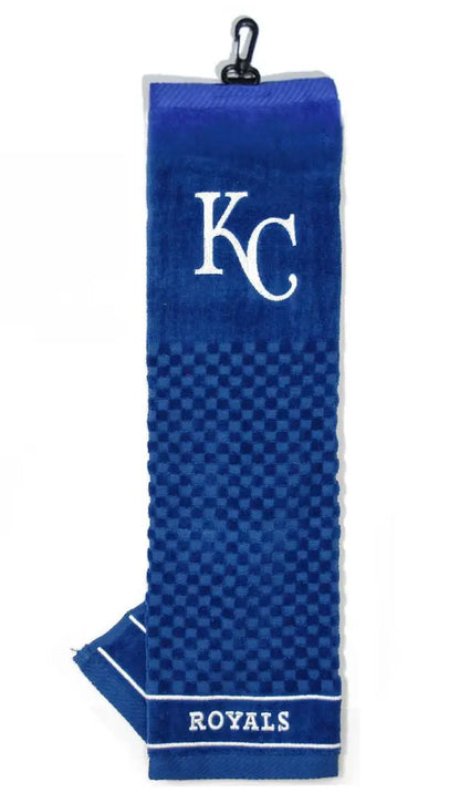 Blue embroidered golf towel with KC Royals branding and checkered pattern design