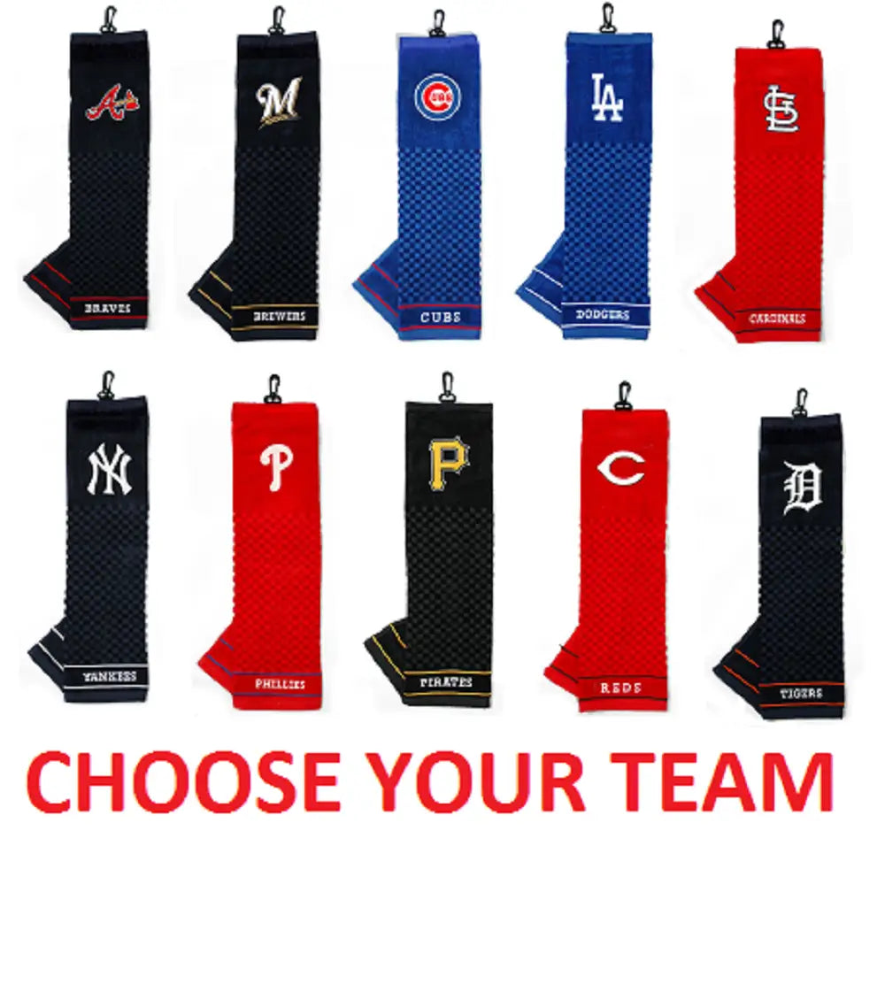 Collection of MLB embroidered golf towels featuring various team logos and colors