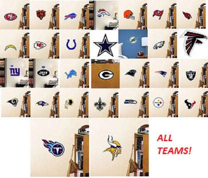 Collection of NFL team logos for Fathead stickers on dry wall display