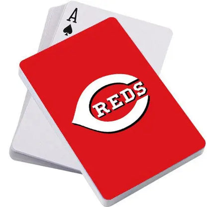 Cincinnati Reds logo on red background in Official MLB playing cards design