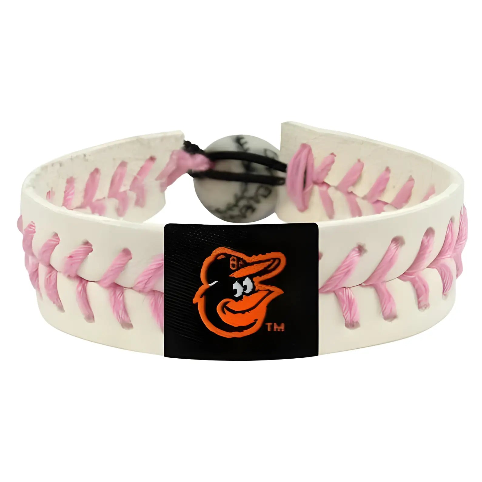 Baseball-themed bracelet with Baltimore Orioles logo on white band with pink stitching