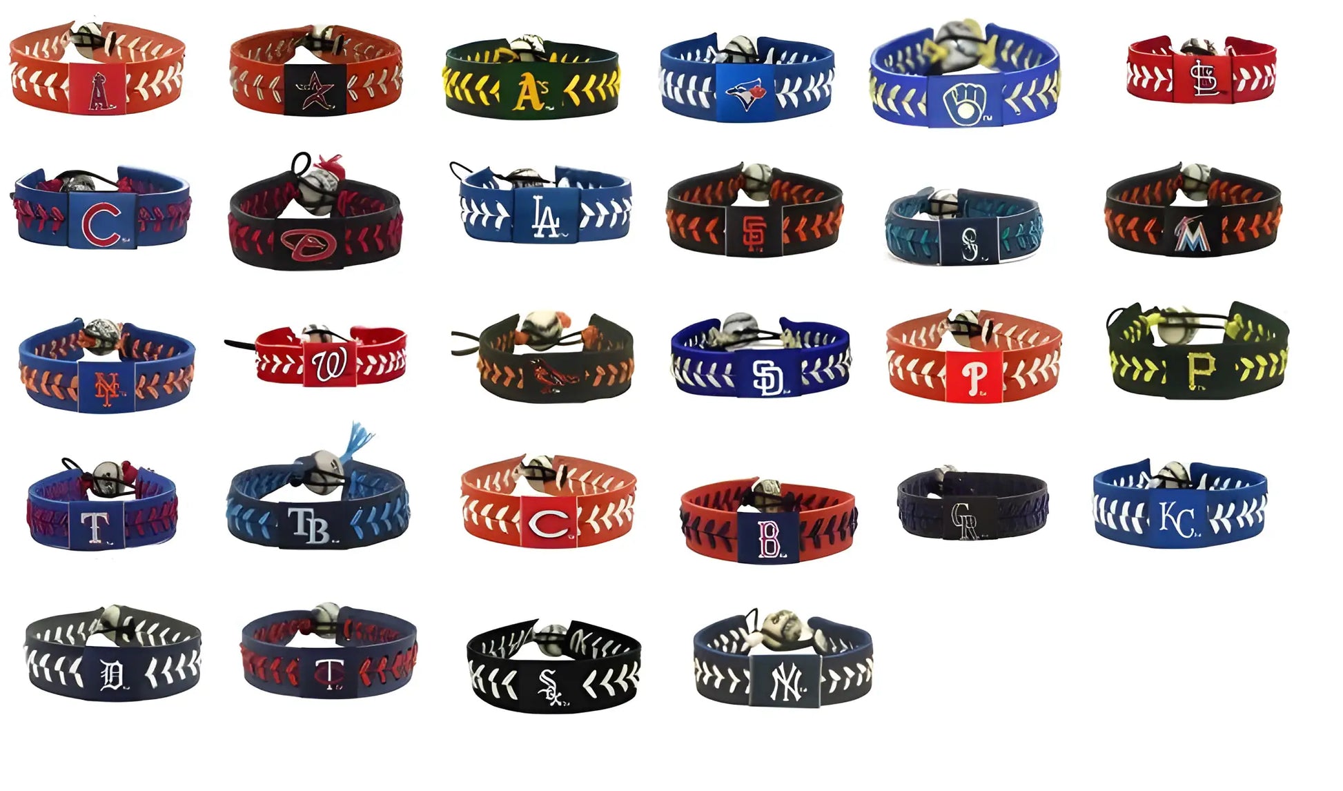 Colorful MLB Leather Baseball Seam Bracelets featuring team logos and stitching patterns