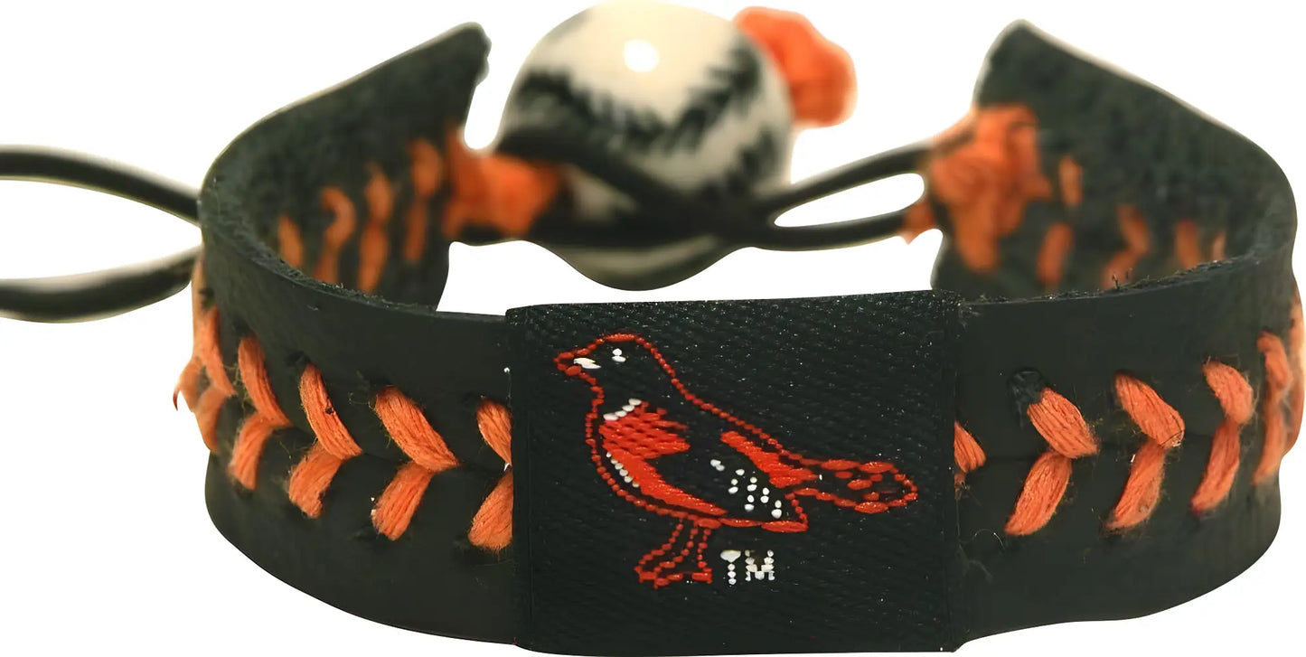 Black leather bracelet with orange stitching and red bird logo for MLB fans, perfect for baseball cards