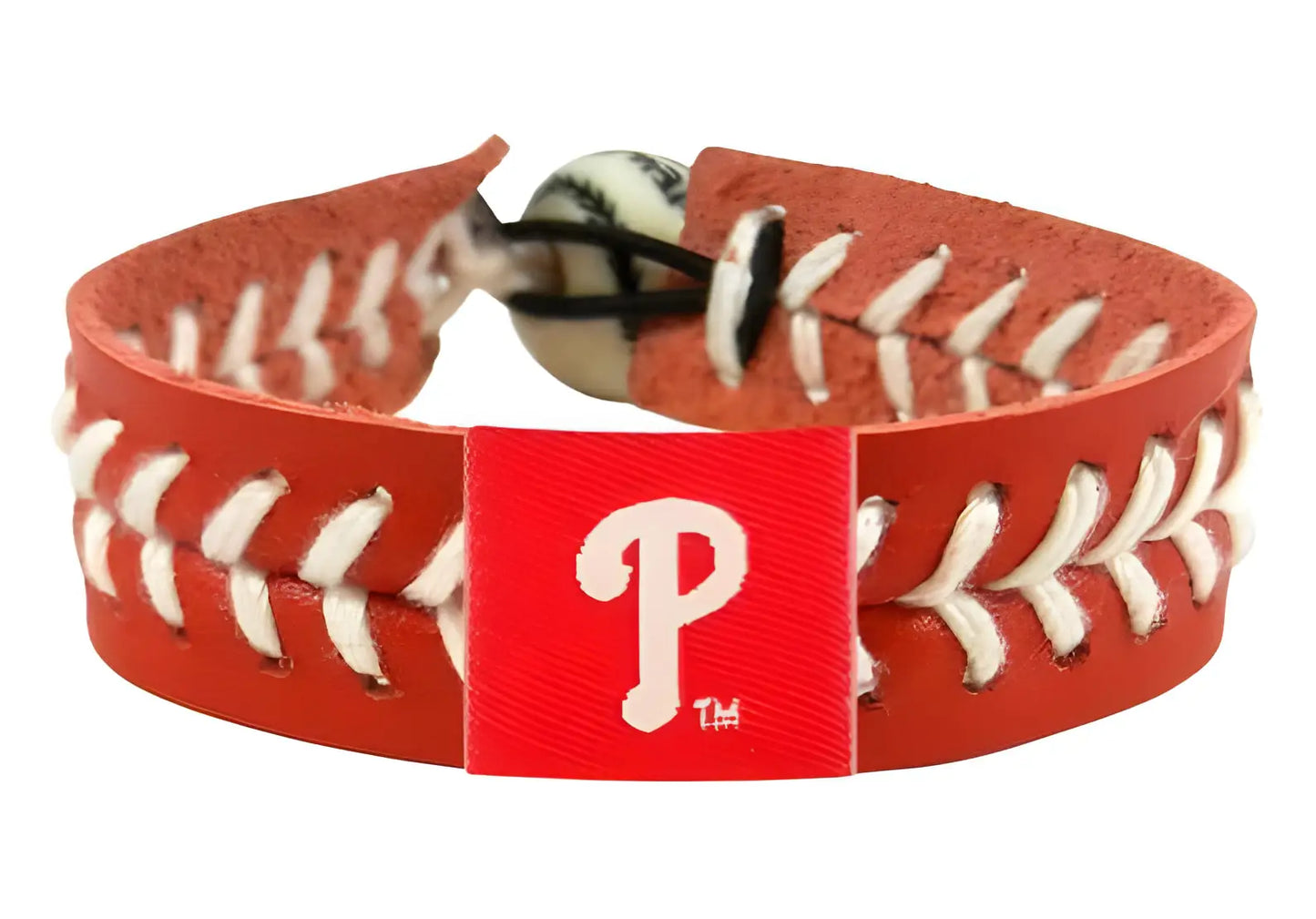 Red baseball-style bracelet with Philadelphia Phillies logo for baseball fans and collectors