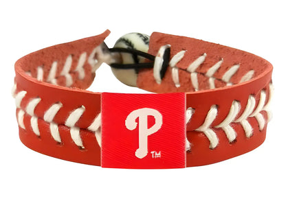 Red baseball-style bracelet with Philadelphia Phillies logo for baseball fans and collectors