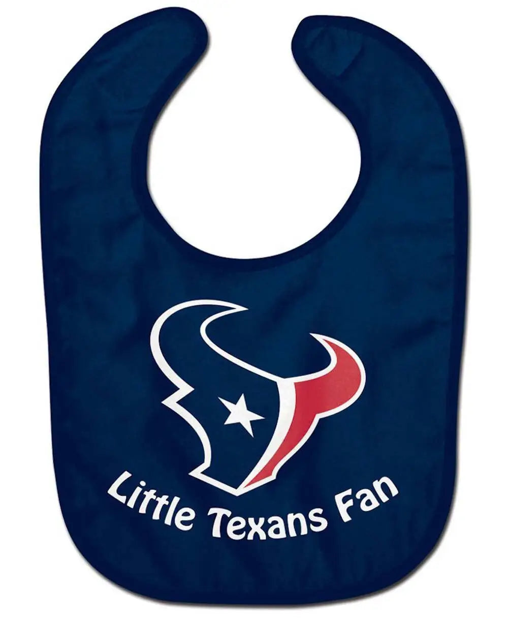 Navy blue baby bib with Houston Texans logo and Little Texans Fan text for NFL fans