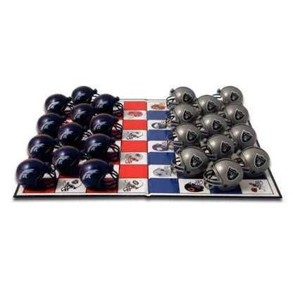 Football-themed checker set with NFL team helmets on a custom game board