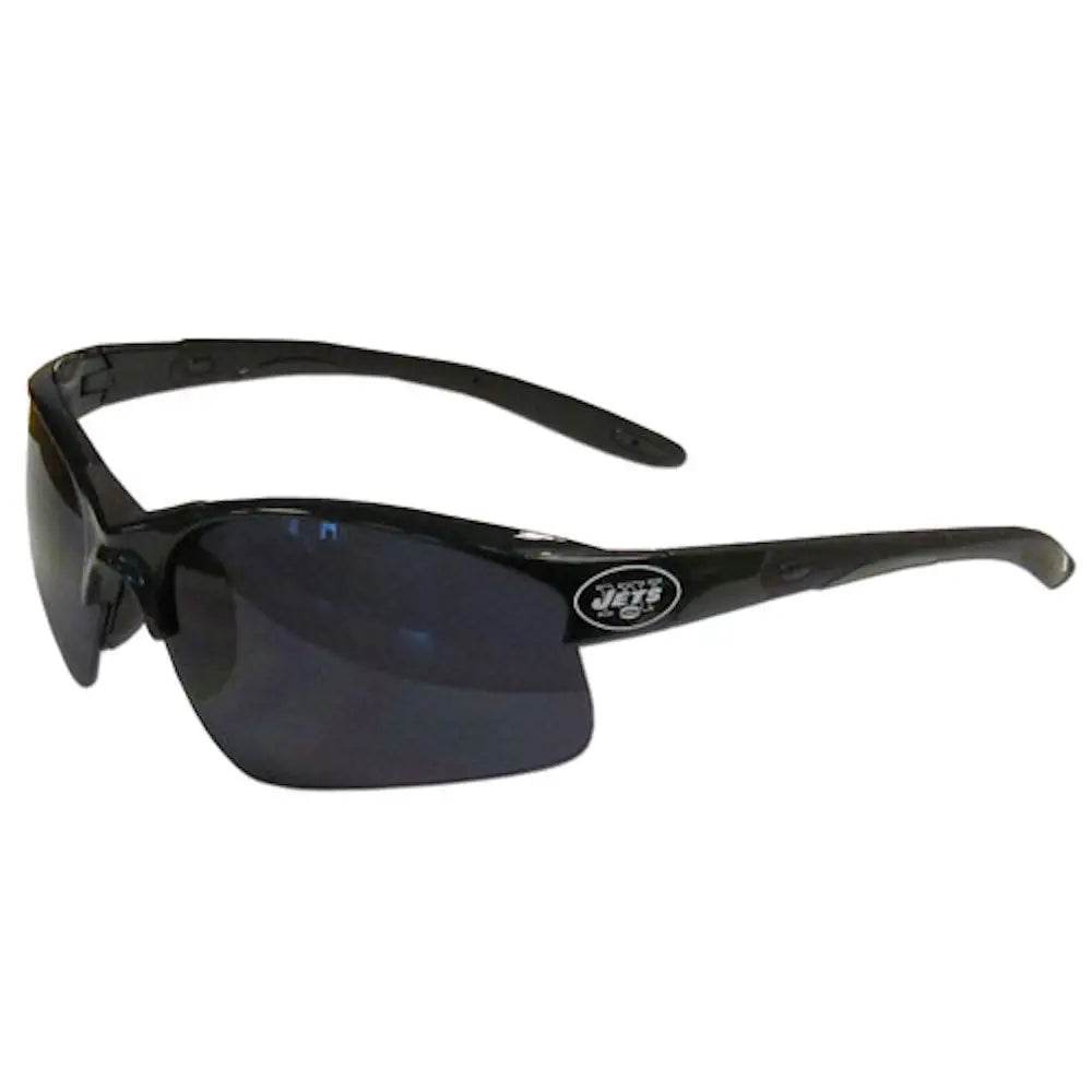 Black sports sunglasses with tinted lenses and Jets team logo for NFL fans