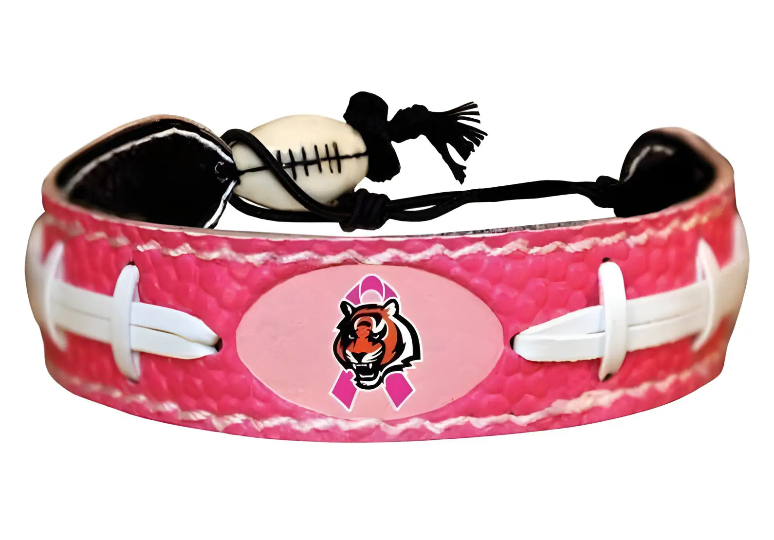 Pink leather bracelet with Cincinnati Bengals logo and breast cancer awareness ribbon