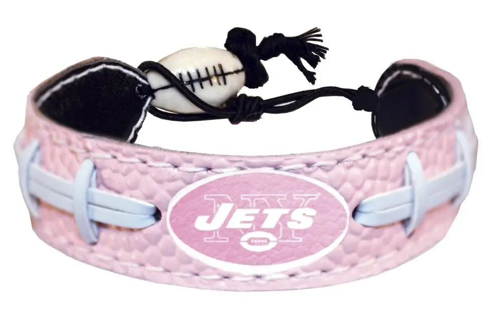 Pink leather football bracelet with New York Jets logo for NFL fans and collectors