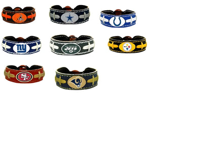 Collection of NFL team logo bracelets showcasing popular football franchises and colors