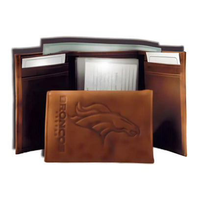 NFL Embossed Leather Wallet with Denver Broncos Logo in TriFold Design