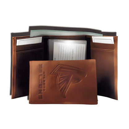 Brown NFL embossed leather wallet with a falcon logo in tri-fold design